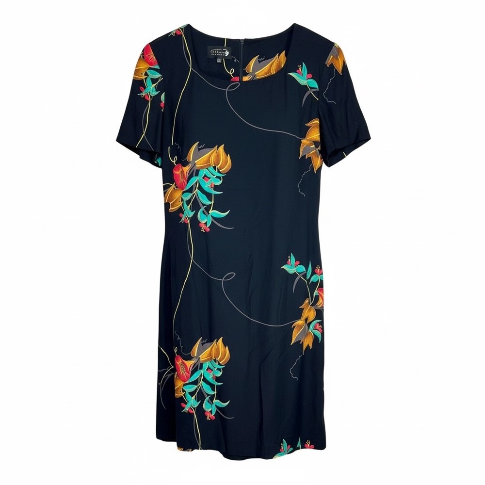 Debra Michaels Dress Womens 10 Black Floral Rayon Short Sleeve Shift Round Neck